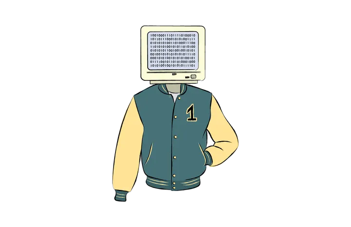 Simon wearing letterman with head as computer screen